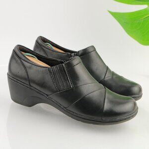 Clark Womens Channing Essa Bootie Size 7.5 Black Leather Loafer Wedge Heel Clogs